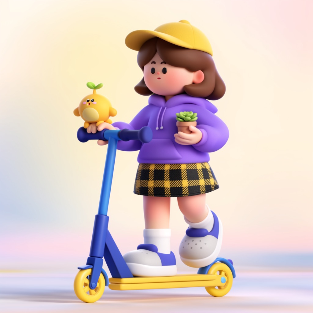 A playful 3D character with a kick scooter and a small mascot, generated with Grok Imagine 2