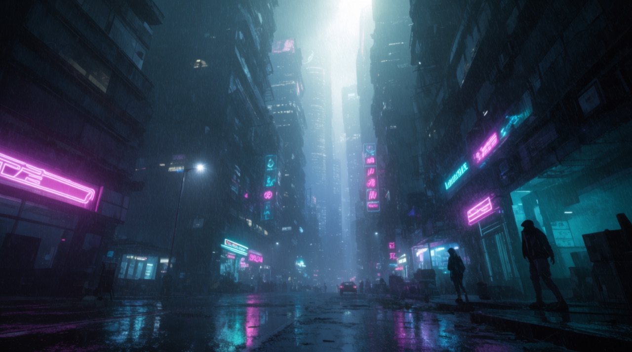 A futuristic cyberpunk city street at night glowing with pink and cyan neon reflected in the rain, made with Grok Imagine 2
