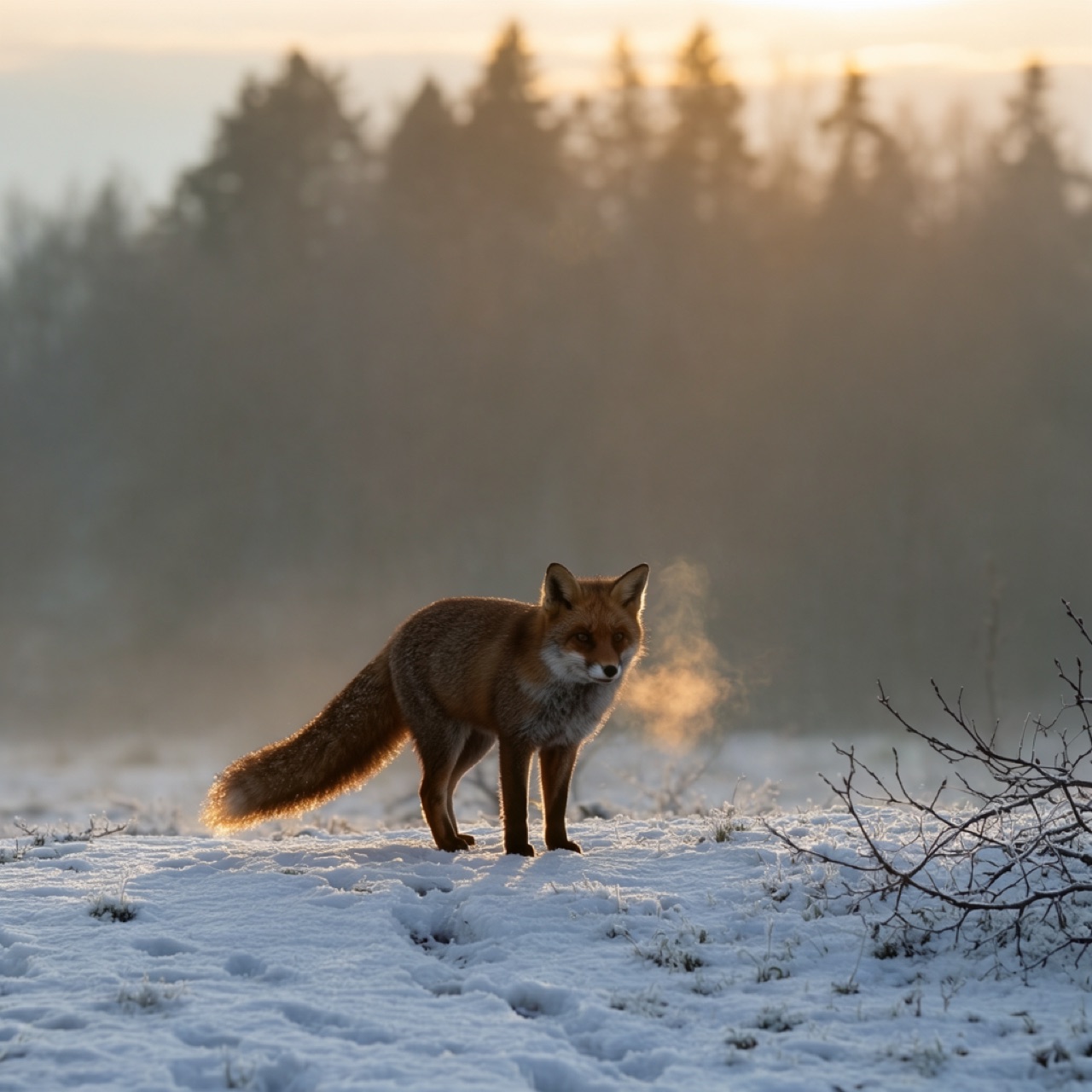 A red fox standing in a misty snowy forest at dawn with soft golden backlight, made with Grok Imagine 2