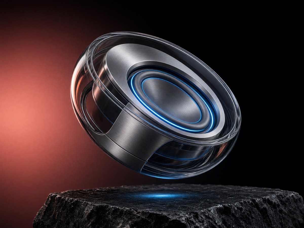 Smoked glass and titanium audio object generated with Grok Imagine Image V2.0