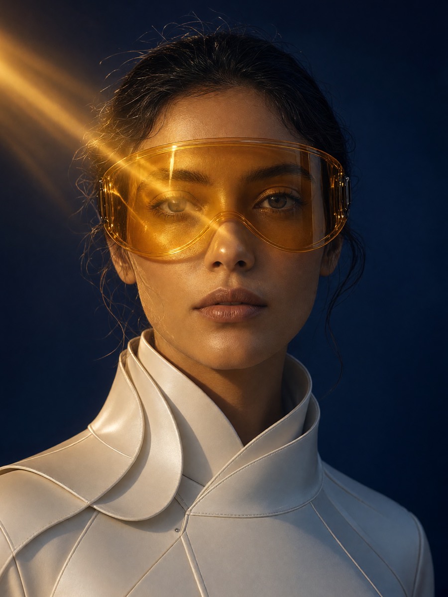 Futuristic editorial portrait with a translucent amber visor generated with Grok Imagine Image V2.0