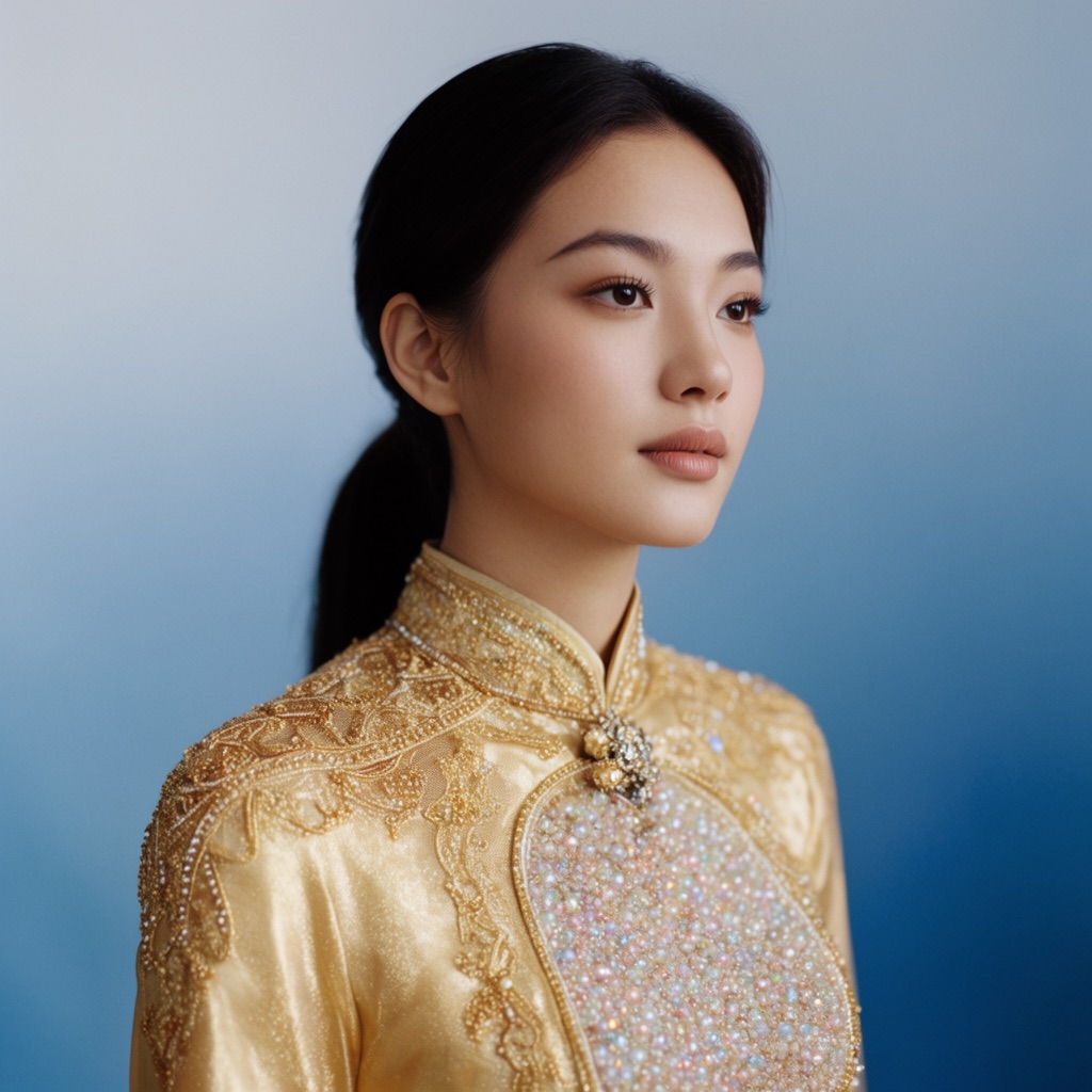 An aesthetic portrait of a woman in a gold traditional dress, generated with Grok Imagine 2